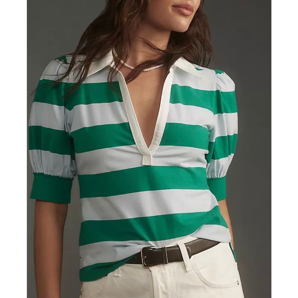 Maeve Puff Sleeve Polo Top | Blue and Green in XL